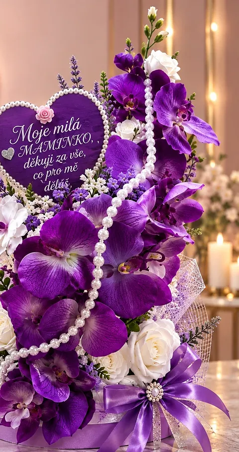 Aranžmá s orchidejemi a srdíčkem, fialová, bílá, perleť