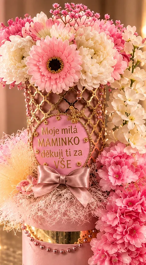 Květinová váza s věnováním, pudrová růžová, bílá, zlatá