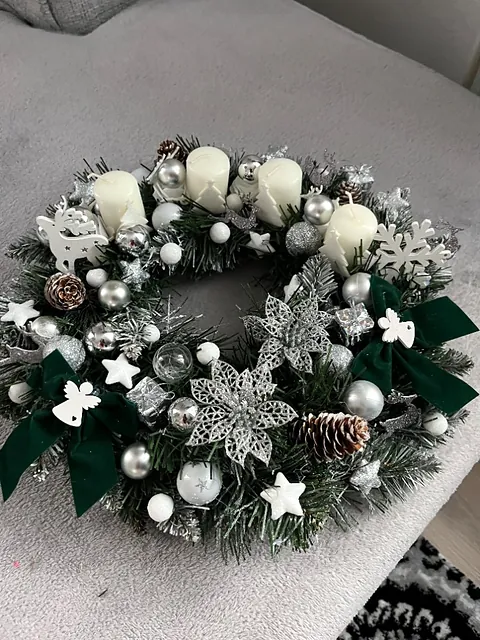 Adventní věnec, bílá, smaragdová, stříbrná