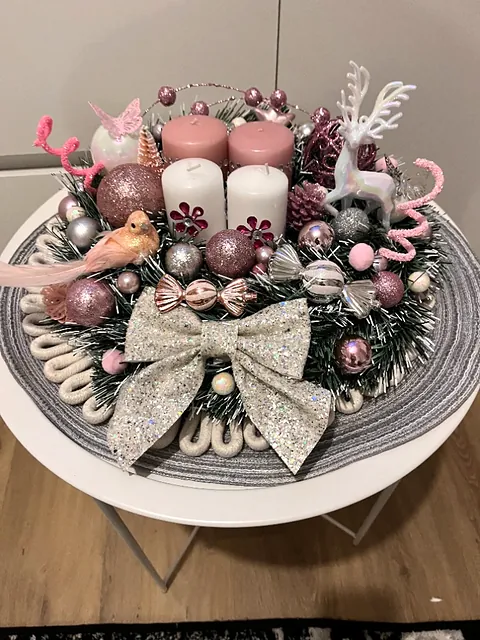 Adventní věnec s ptáčkem, růžová, stříbrná